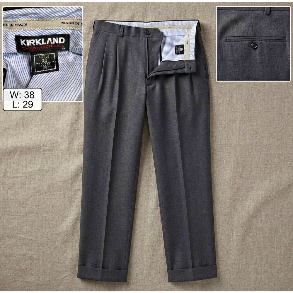 Kirkland Signature Mens Dress Pants 38x29 Gray 100% Wool Made in Italy Pleated